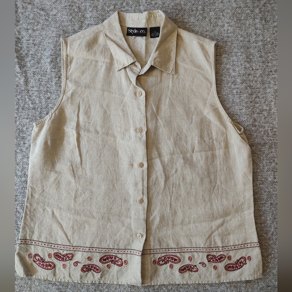 Style Co Women Top Tank Shirt 14 100% Linen Paisley